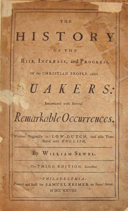 Appraisal: vol Franklin Benjamin printer Sewel William The History of the