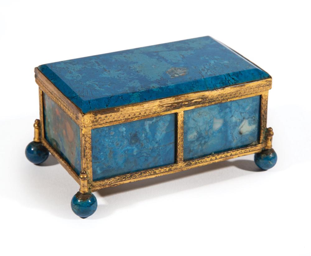 Appraisal: Continental Bronze-Mounted Lapis Lazuli Dresser Box hinged lid tooled borders