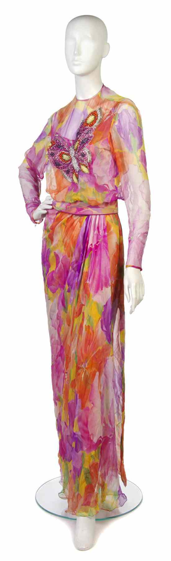 Appraisal: A Galanos Floral Print Silk Chiffon Butterfly Dress s with