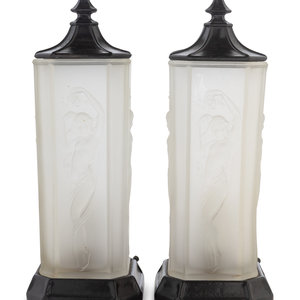 Appraisal: A Pair of Frosted Glass and Painted Metal Lamps th