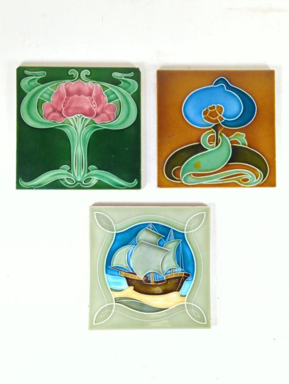 Appraisal: THREE ENGLISH NOUVEAU ARTS CRAFTS TILES TWO STYLIZED FLOWERS AND