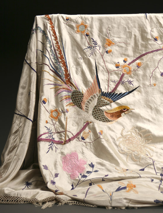 Appraisal: Chinese Polychrome Silk Embroidered Ivory-Ground 'Birds in Flowers' Fringed Panel