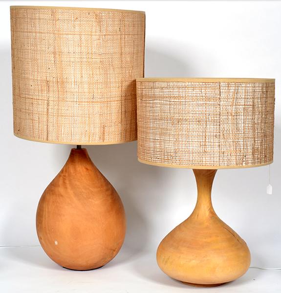 Appraisal: TWO TURNED TIMBER LAMPS OF VARYING SCALE EACH WITH SHADES