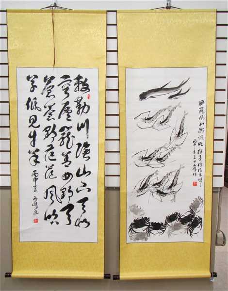 Appraisal: TWO CHINESE SCROLLS one depicting shrimp and crabs and the