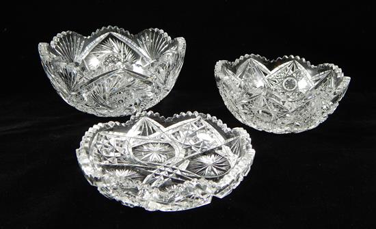 Appraisal: GLASS Cut glass bowls three pieces unmarked all with scalloped