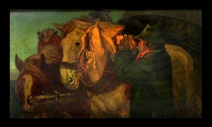 Appraisal: OSMAR SCHINDLER - TENDING THE HORSES Oil on canvas x