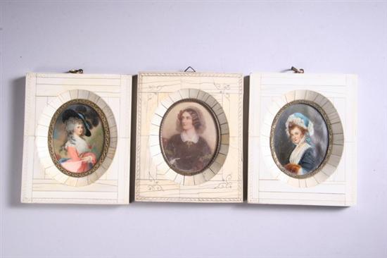 Appraisal: THREE IVORY-FRAMED PORTRAIT MINIATURES late th early th century One