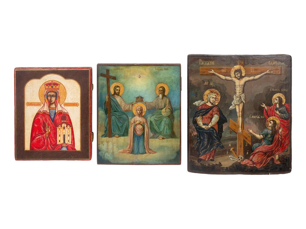 Appraisal: Three Russian Painted Wood Icon Panels Three Russian Painted Wood