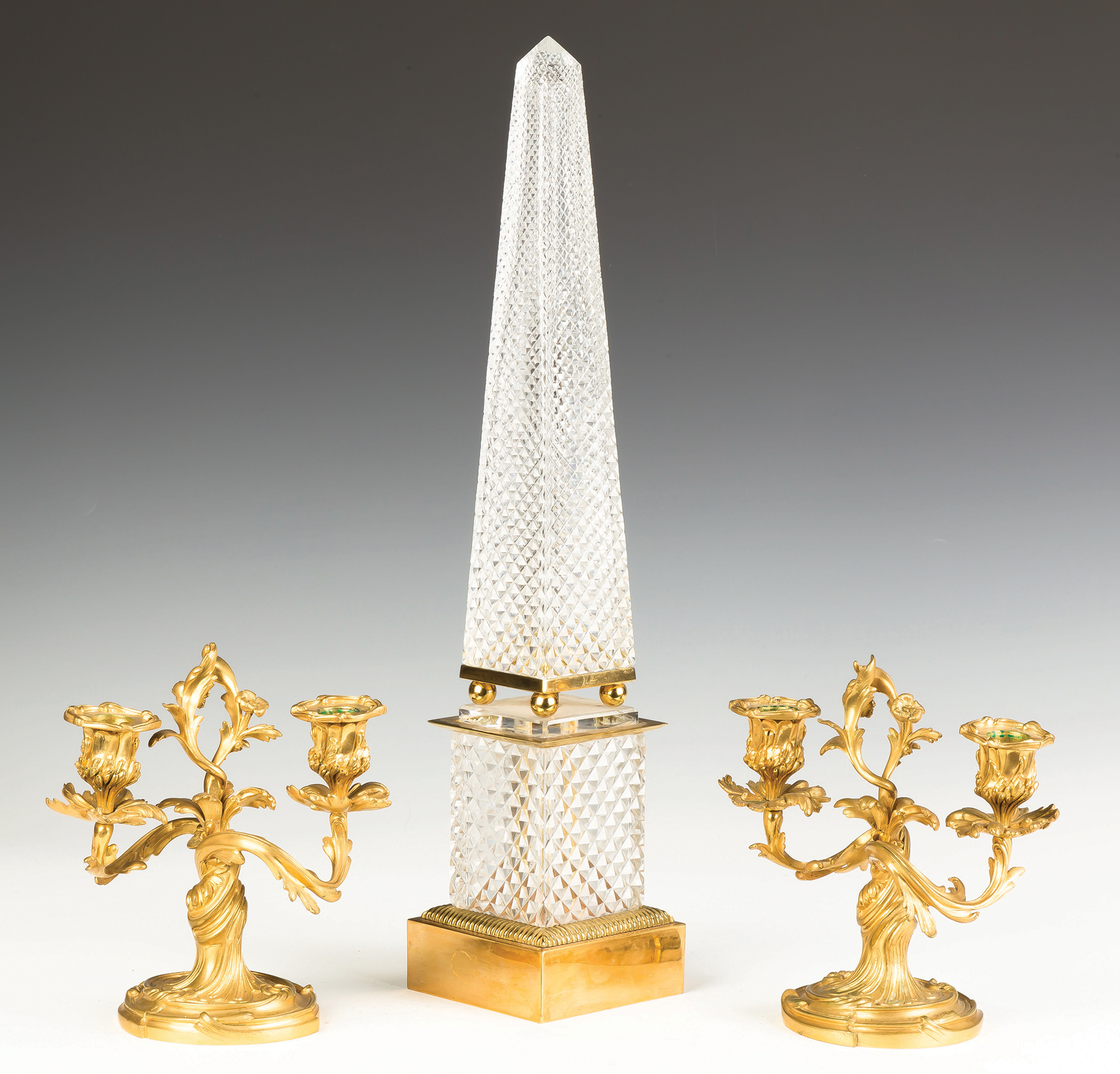 Appraisal: French Gilt Bronze Candelabras and Probably French Baccarat Cut Crystal