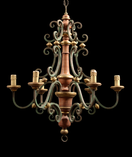 Appraisal: Provincial Polychromed Wood and Iron Six-Light Chandelier the turned baluster