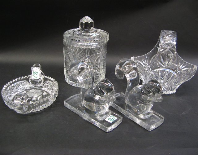 Appraisal: FIVE CLEAR GLASS DECORATIVE ITEMS includes cut crystal covered biscuit