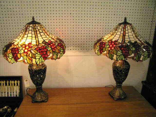 Appraisal: Pair of Leaded Glass Table Lamps grape vine decor modern