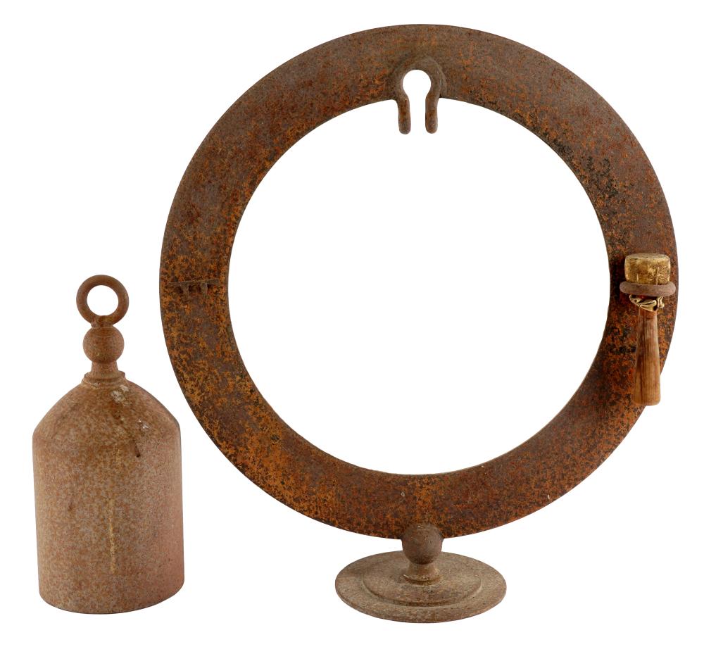 Appraisal: IRON LUNCH BELLwith wooden mallet the frame inches diameter inches