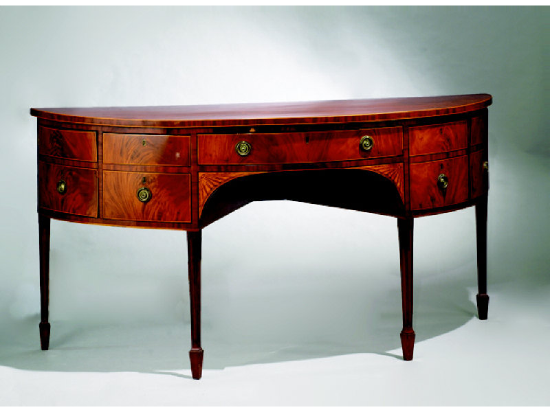 Appraisal: ENGLISH HEPPLEWHITE MAHOGANY SIDEBOARD Demilune form with inlaid and satinwood