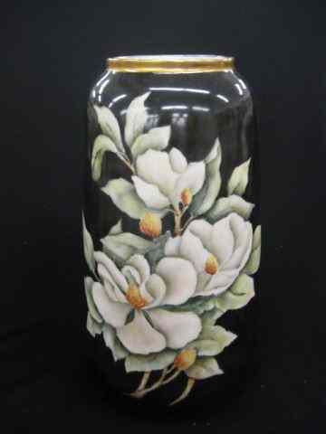 Appraisal: Handpainted Porcelain Vase magnolia design on black field artist signed