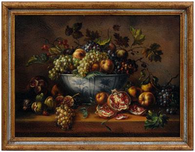 Appraisal: th century still life Delft bowl with grapes pomegranate peaches