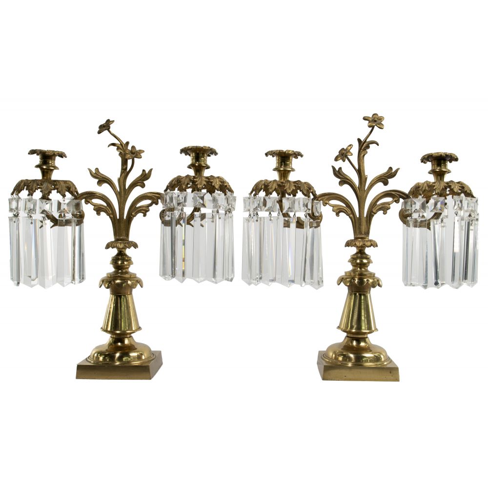 Appraisal: BRASS AND CRYSTAL CANDELABRA SETPair floral motif having arms with