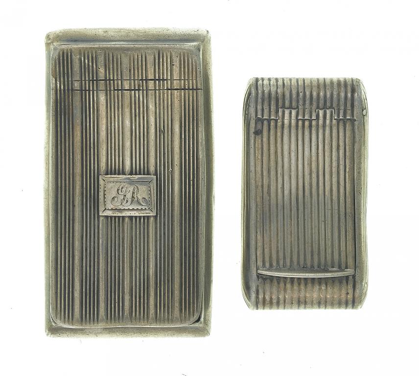 Appraisal: TWO GEORGE III SILVER SNUFF BOXES with integral hinge and