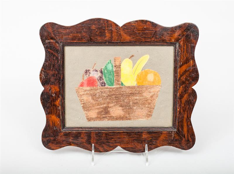 Appraisal: American School Fruit-Filled Basket Crayon collage within oak frame x