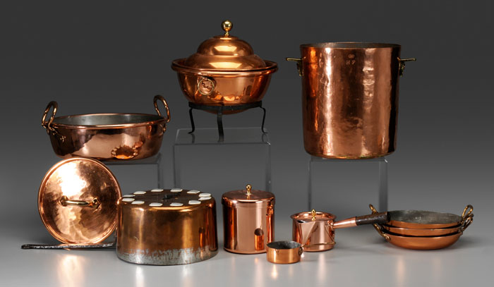 Appraisal: Ten Pieces Copper Cookware th and th century lidded chafing