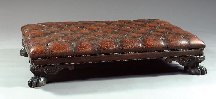 Appraisal: Early Georgian-Style Tufted Leather Upholstered and Mahogany Ottoman of large