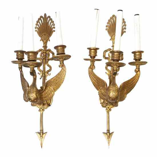 Appraisal: A Pair of Empire Style Gilt Bronze Three-Light Sconces having