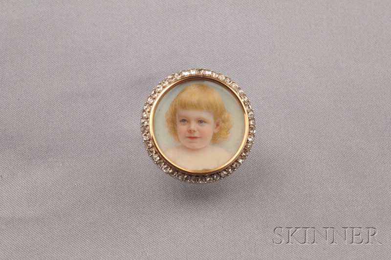 Appraisal: Edwardian Diamond Miniature Portrait with watercolor on ivory depiction of