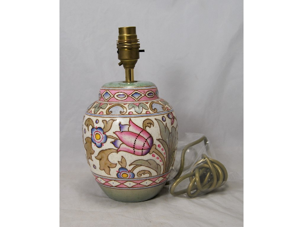 Appraisal: A pottery bulbous lamp-base with tubelined floral decoration probably Charlotte