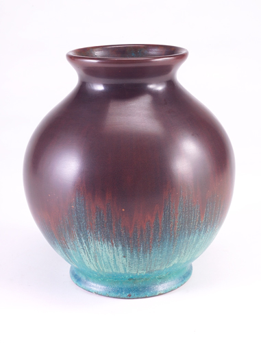 Appraisal: CLEWELL Spherical copper-clad vase covered in bronze and verdigris patina