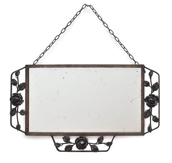 Appraisal: FRENCH MIRROR WITH WROUGHT IRON ROSE MOTIF SURROUND HEIGHT X