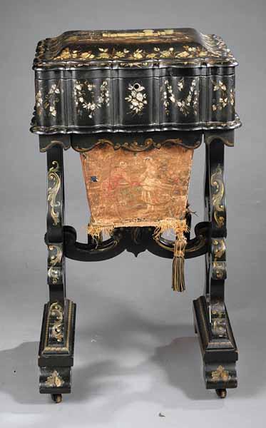 Appraisal: An English Victorian Papier-Mache and Mother-of-Pearl Sewing Stand mid- th