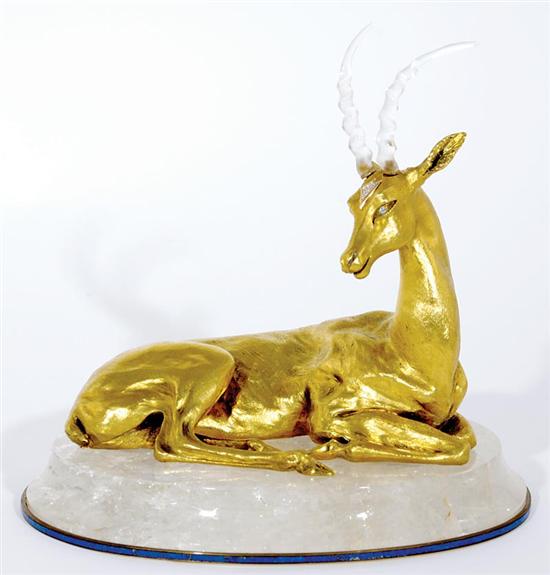 Appraisal: Gilt-bronze and diamond-set gazelle sculpture resting figure with crystal horns