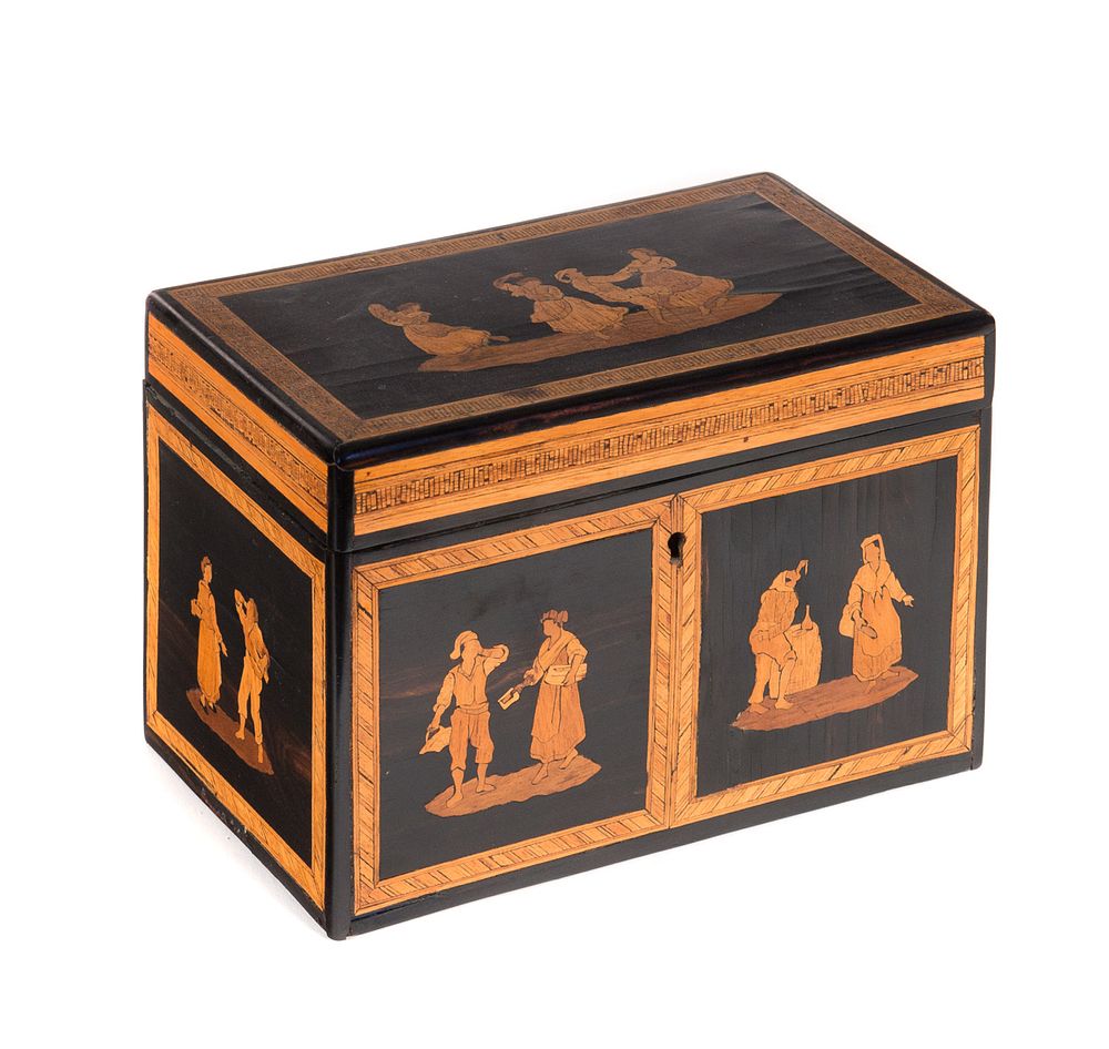 Appraisal: Wooden Tea Caddy with Hand carved Figures Inlaid Wooden Tea