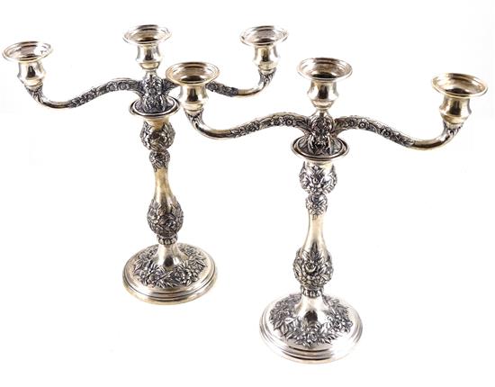 Appraisal: STERLING S Kirk Son pair of three light candlesticks repousse