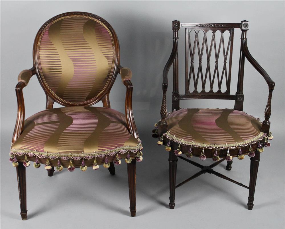 Appraisal: TWO COORDINATING CHAIRS UPHOLSTERED IN PURPLE AND TAUPE CONTEMPORARY UPHOLSTERY