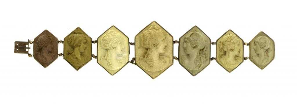 Appraisal: AN ANTIQUE LAVA CAMEO BRACELET of seven hexagonal cameos of