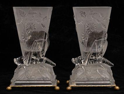 Appraisal: PAIR OF BACCARAT MOLDED GLASS VASES ON GILT-METAL BASES Relief