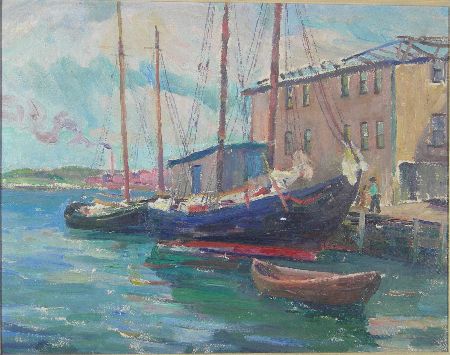 Appraisal: TH CENTURY BRITISH SCHOOL HARBOUR SCENE Oil on board cm