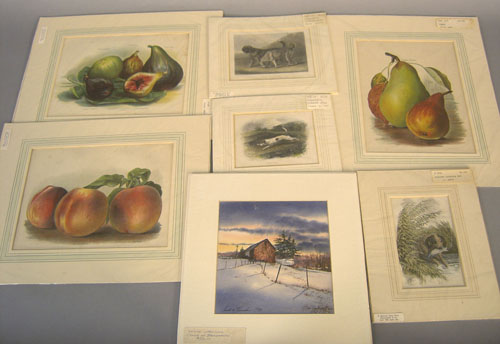 Appraisal: Six unframed prints together with a watercolor by Claude Bernardin