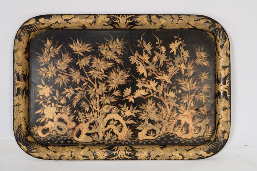 Appraisal: A PAPIER MACH CHINOISERIE TEA TRAY of rectangular form with