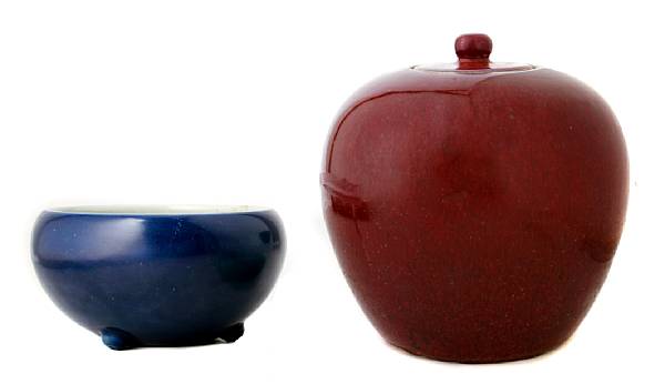 Appraisal: Three Chinese monochrome glazed porcelains including a cobalt glazed globular