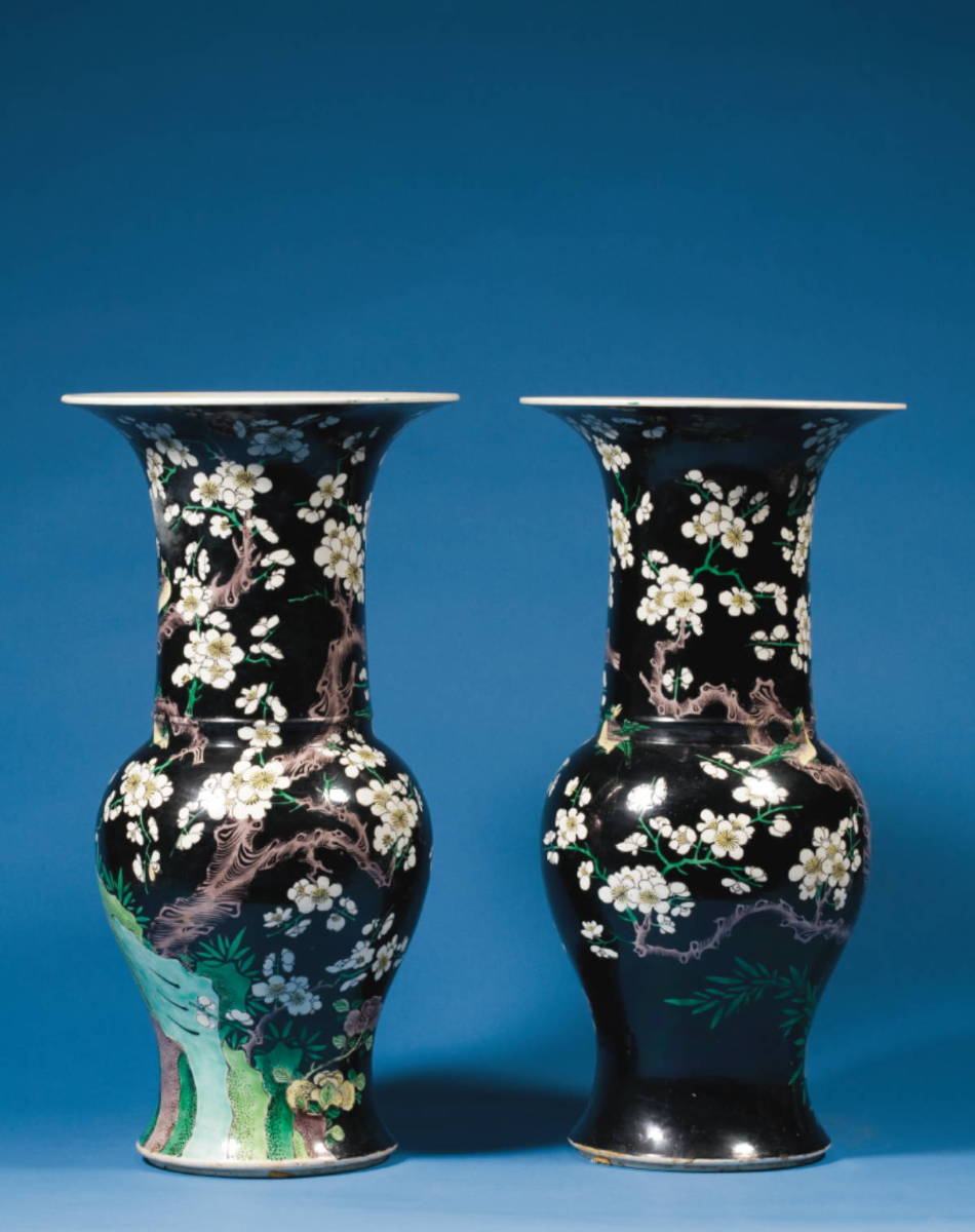 Appraisal: PAIR OF CHINESE PORCELAIN FAMILLE NOIR VASES WITH FLOWERING PRUNUS