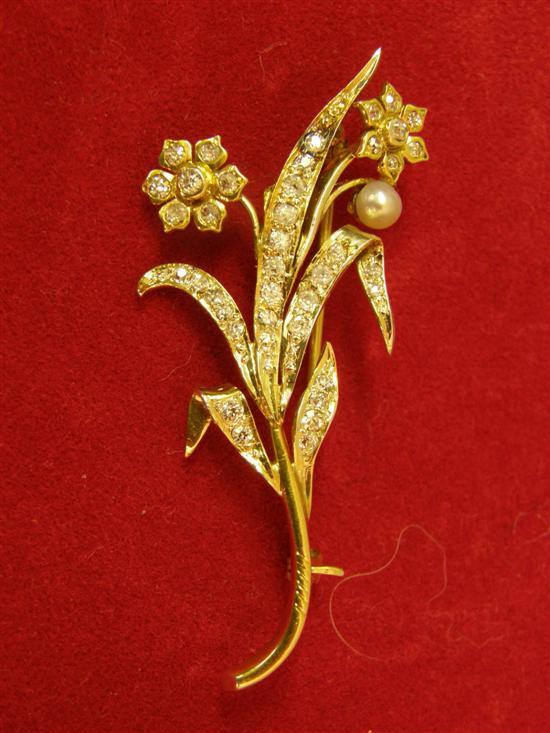 Appraisal: Diamond and pearl set gold floral spray brooch