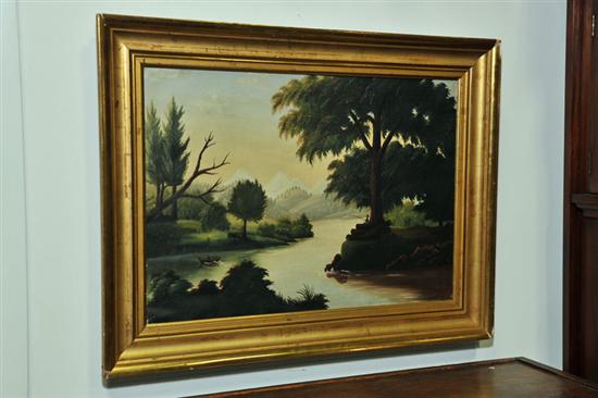 Appraisal: PAINTING Oil on canvas depicting a river scene with two