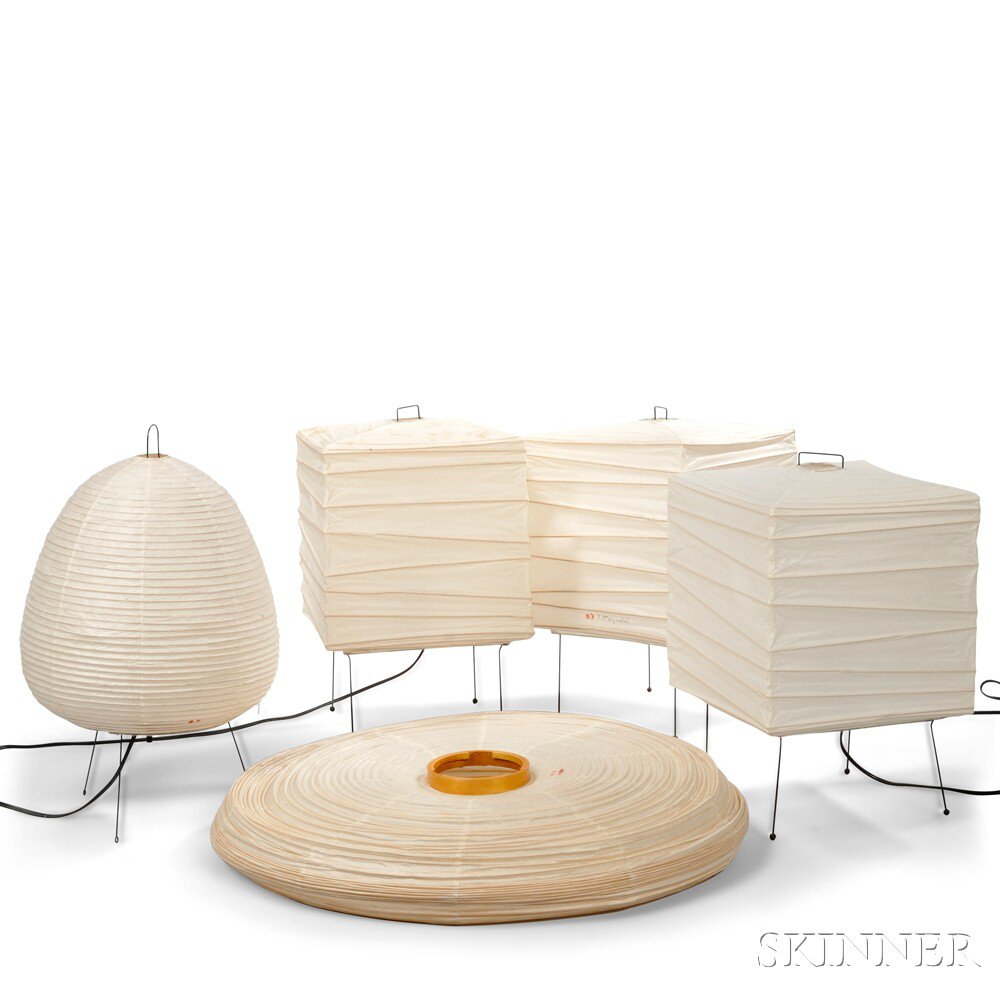 Appraisal: Four Isamu Noguchi - Akari Table Lamps Washi paper bamboo