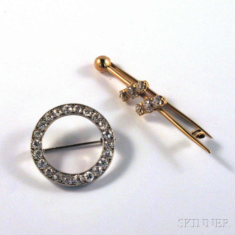 Appraisal: Two Diamond Pins an kt white gold and diamond circle