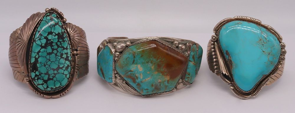 Appraisal: JEWELRY Turquoise Inlaid Sterling Cuff Bracelets Includes a signed sterling