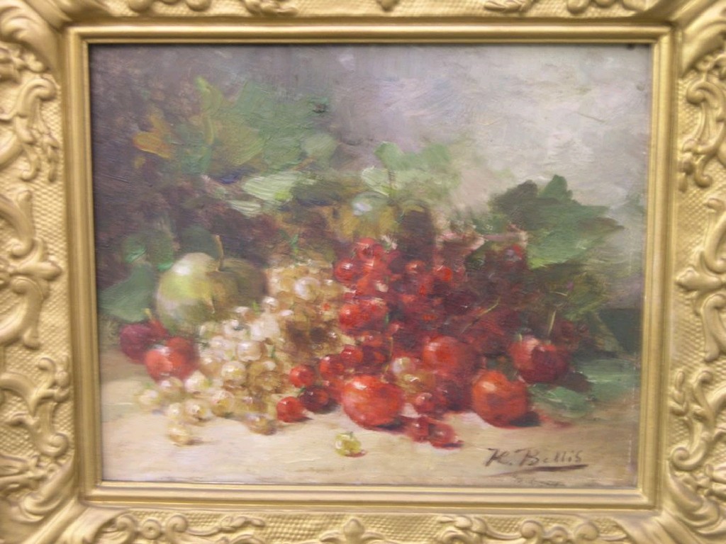 Appraisal: K Bellis - oil on panel still life grapes cherries