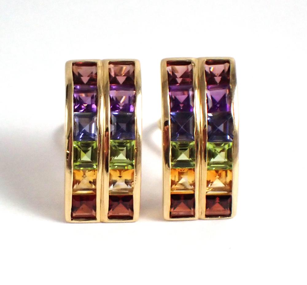 Appraisal: PAIR OF MULTI COLOR GEMSTONE AND FOURTEEN KARAT GOLD EARRINGS