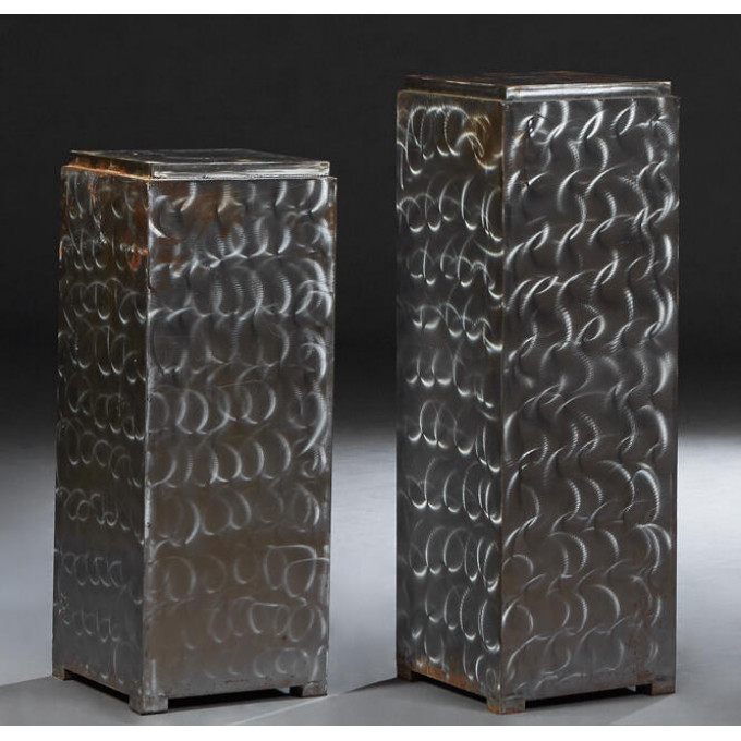 Appraisal: Two Brushed Steel Pedestals th c the stepped square tops